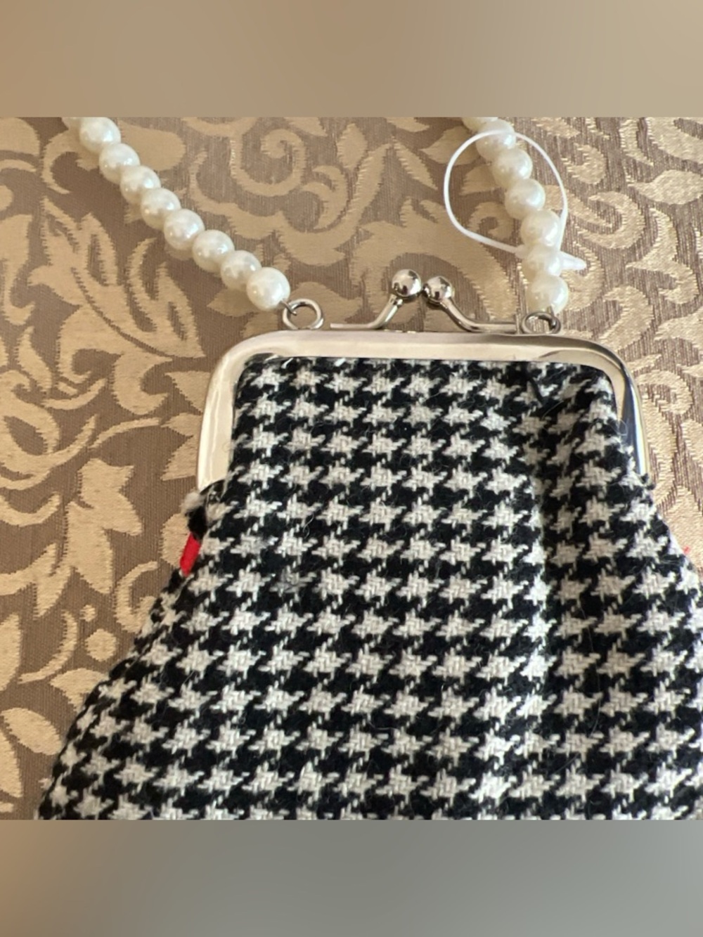 Houndstooth Coin Purse With Faux Pearl Handle And Red Ribbon See Description - Picture 6 of 12